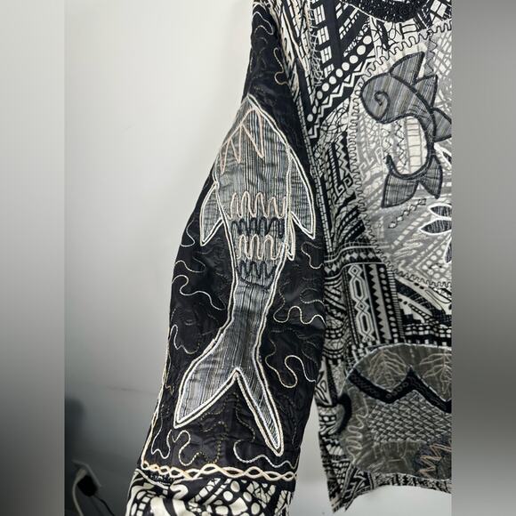 Chicos Vintage Silk Blend Size Large Embroidered Fish Tunic Blouse Jacket EUC - Picture 3 of 7